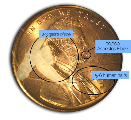 Asbestos fibers size comparison of a penny,human hair and rice